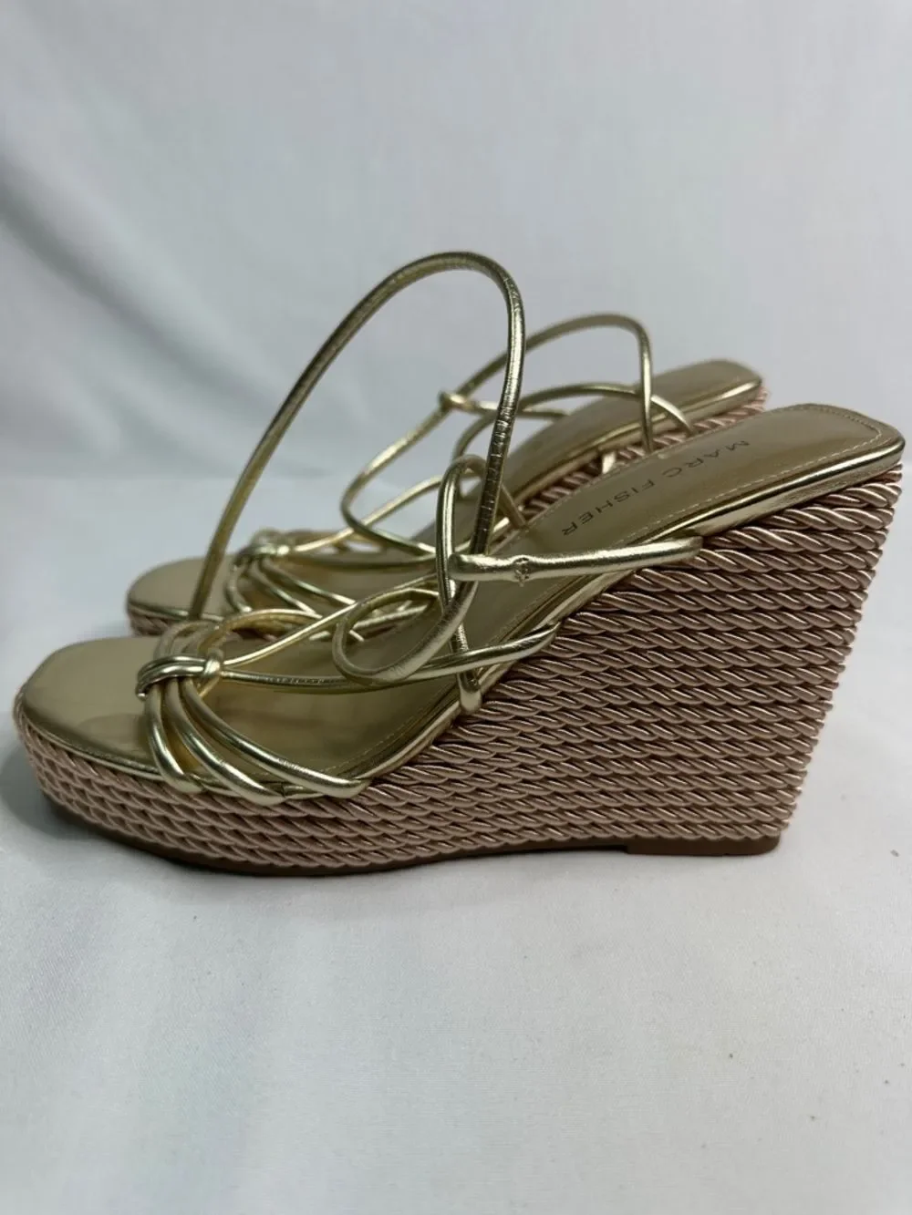 Marc Fisher Gold Metallic Strappy Wedge Sandals with Knot Detail